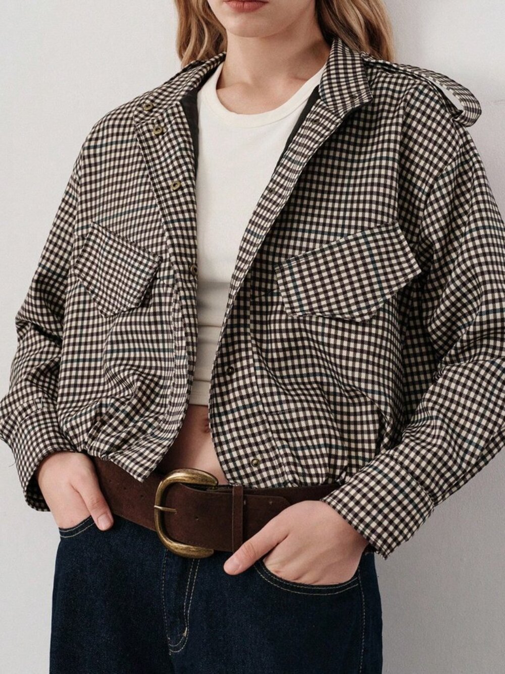 Black And White Casual Women's Plaid Pilot Half-High Collar Jacket